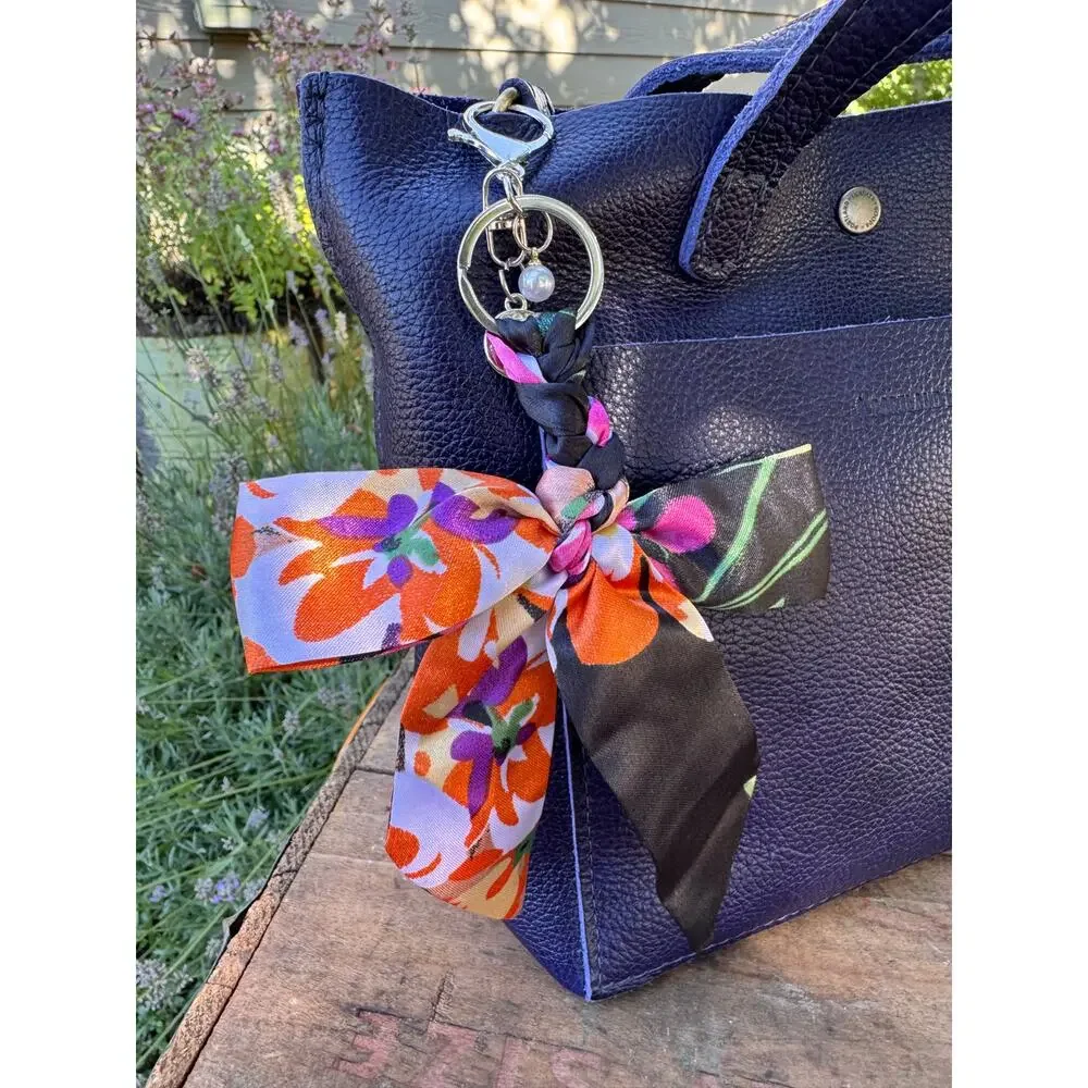Satin Orange Pink Black Floral Print Bow Bag Charm Floral Purse Charm